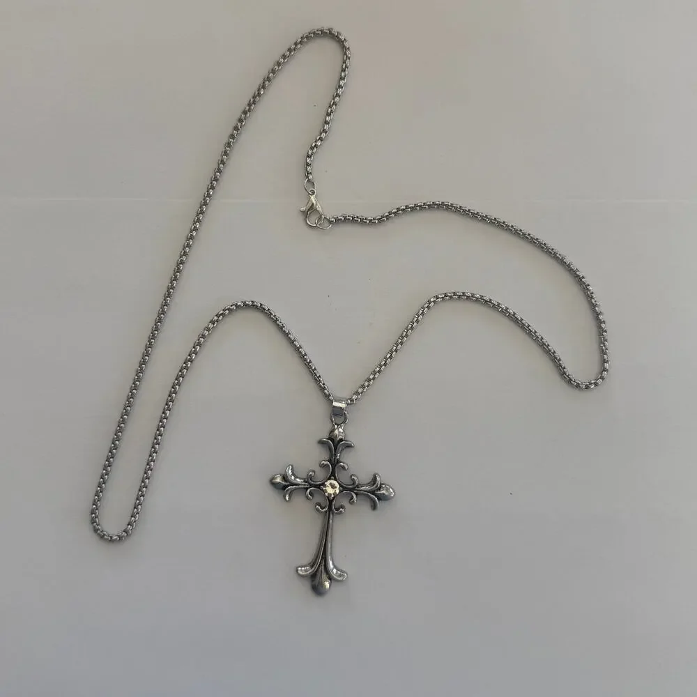 Silver Gothic Cross Pendant Necklace Unisex Stainless Steel Jewelry New